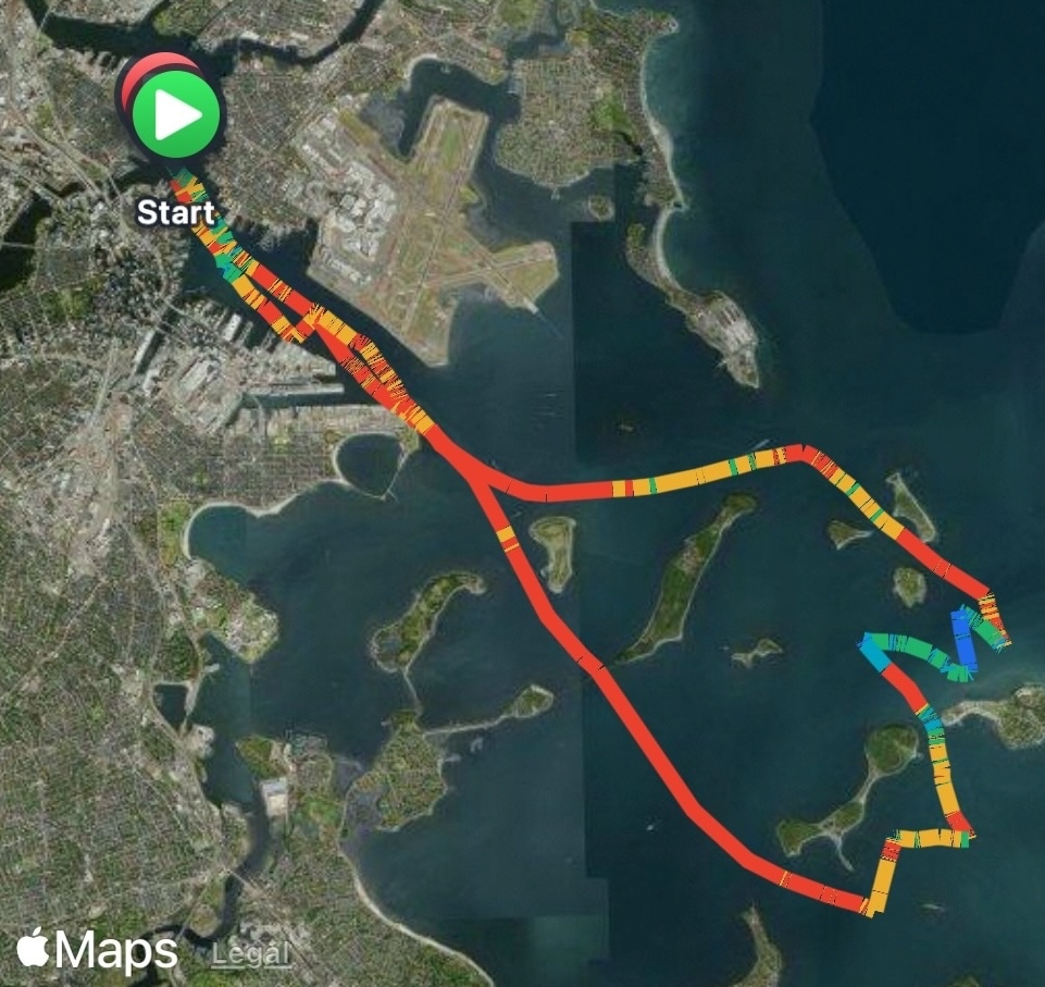 HullSpeed voyage map showing a saved sailing route colored by speed
