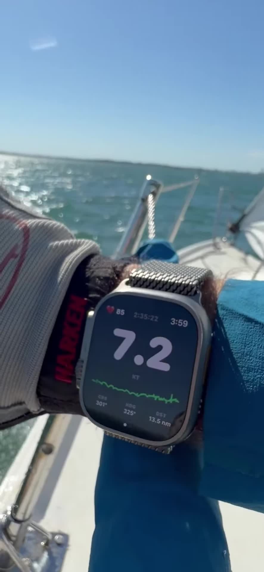 Apple Watch showing HullSpeed speed readout on a sailboat