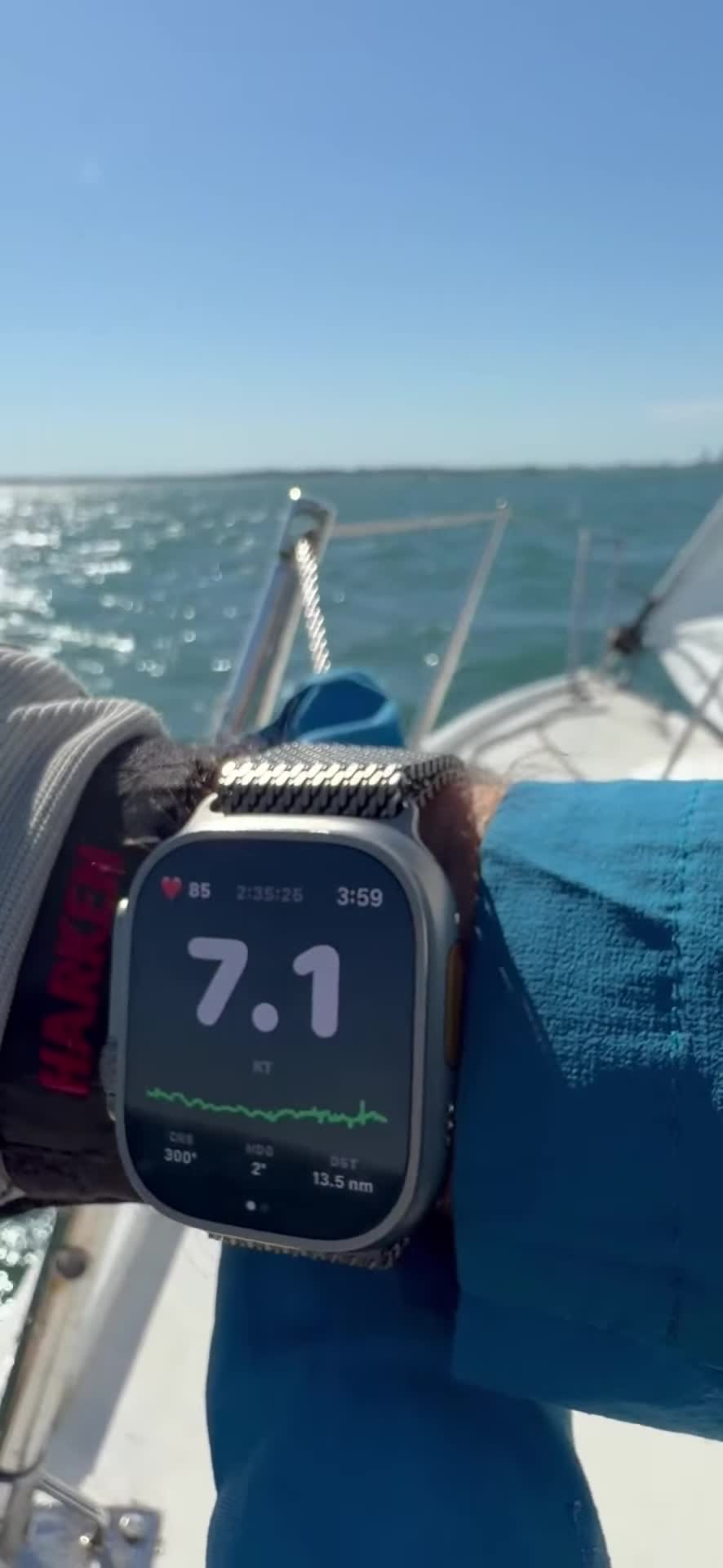 HullSpeed speed display visible on Apple Watch during a sail